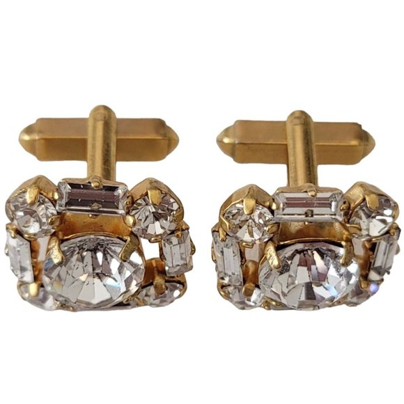 Gold Tone Round Baguette Clear Rhinestone Square Cufflinks E223 - Picture 11 of 11